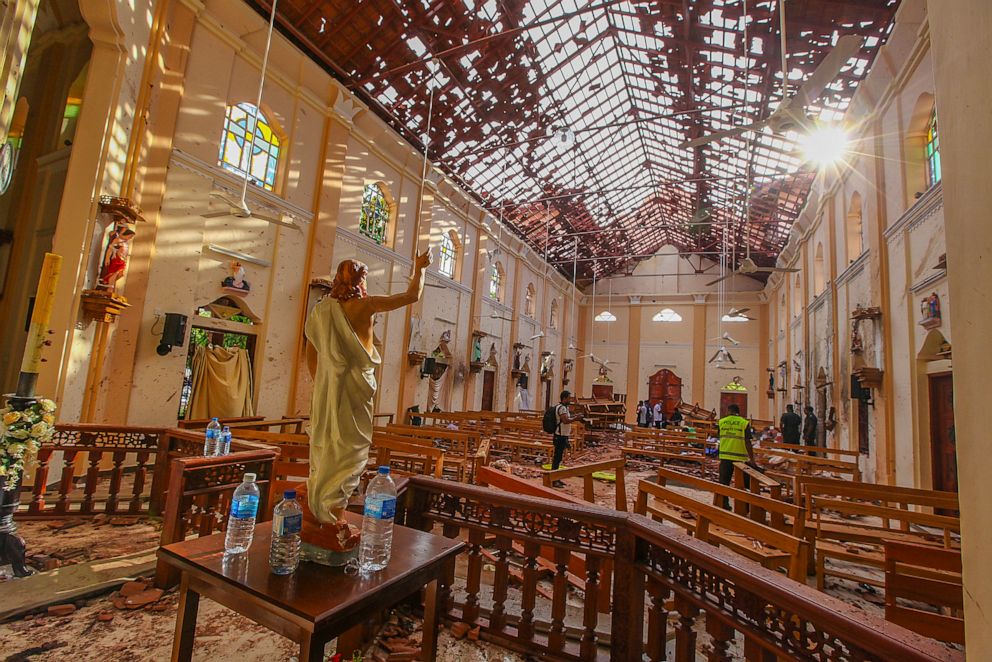 A view of St. Sebastian's Church damaged in blast in Negombo, north of Colombo, Sri Lanka, April 21, 2019.
