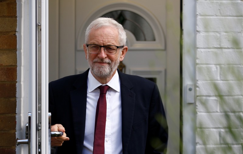 Britain's opposition Labour Party leader Jeremy Corbyn leaves his home in London
