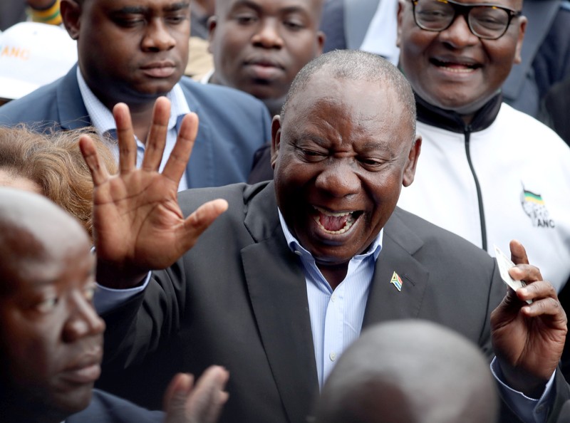 President of South Africa's governing African National Congress, Cyril Ramaphosa, arrives to cast his ballot at a polling station for the country's parliamentary and provincial elections, in Soweto