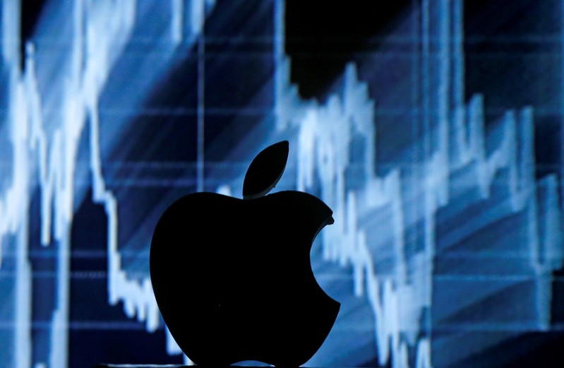 FILE PHOTO: A 3D printed Apple logo is seen in front of a displayed stock graph in this illustration taken