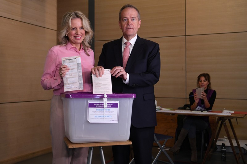 Australian Opposition Leader Bill Shorten and his wife Chloe are seen casting their votes at Moonee Ponds West Primary school in Melbourne