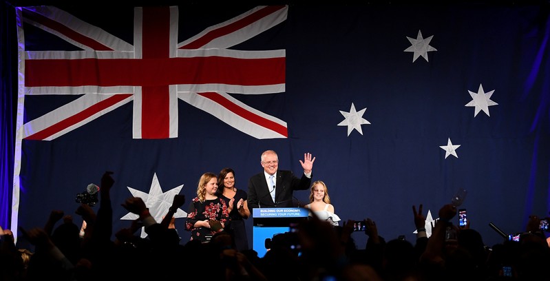 Australia's Prime Minister Scott Morrison with wife Jenny, children Abbey and Lily after winning the 2019 Federal Election, at the Federal Liberal Reception at the Sofitel-Wentworth hotel in Sydney
