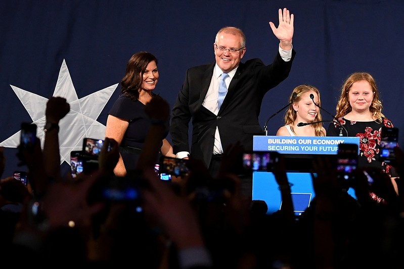 Australia's Prime Minister Scott Morrison with wife Jenny, children Abbey and Lily after winning the 2019 Federal Election, at the Federal Liberal Reception at the Sofitel-Wentworth hotel in Sydney