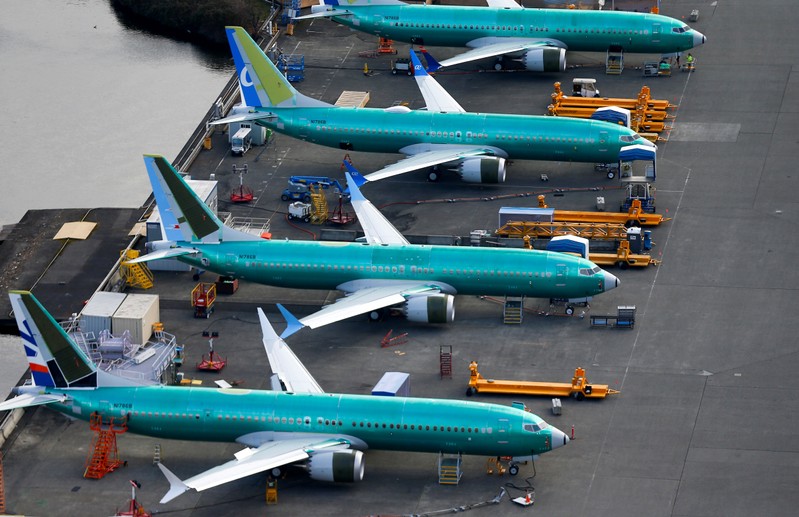 FILE PHOTO: An aerial photo shows Boeing 737 MAX airplanes parked at the Boeing Factory in Renton