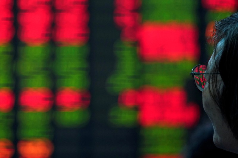 FILE PHOTO: An investor looks at an electronic board showing stock information at a brokerage house in Shanghai