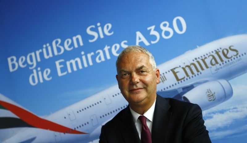 Antinori, COO of United Arab Emirates air carrier Emirates addresses the media after the first landing of an Emirates Airbus A380 in Frankfurt's airport