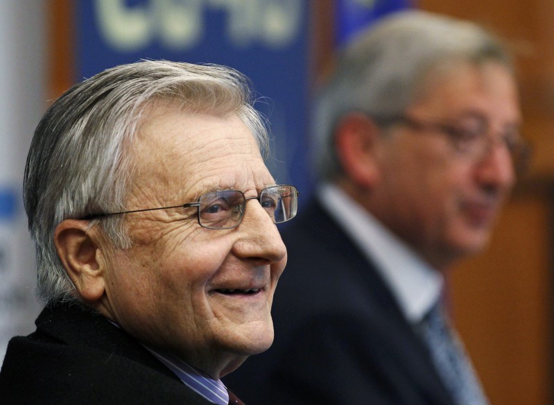 Eurogroup Chairman Luxembourg's PM Juncker and former ECB president Trichet attend a conference organised by EU40 at the EU parliement in Brussels