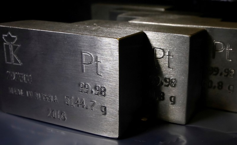 FILE PHOTO: Ingots of 99.98 percent pure platinum are seen at the Krastsvetmet non-ferrous metals plant in the Siberian city of Krasnoyarsk