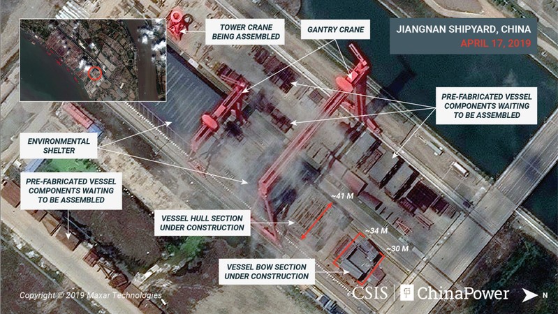 A satellite image shows what appears to be the construction of a third Chinese aircraft carrier at the Jiangnan Shipyard in Shanghai