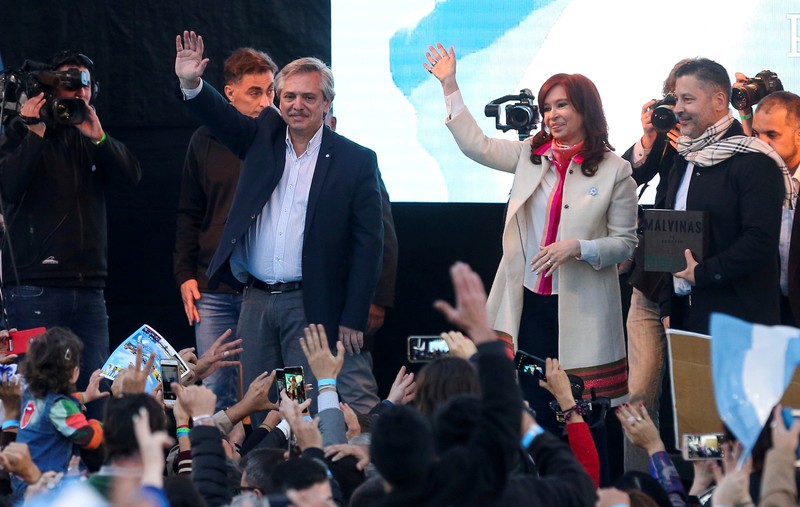 FILE PHOTO: Argentine presidential candidate Alberto Fernandez of the Unidad Ciudadana next to his vice president candidate and former President, Fernandez de Kirchner, during a rally in Merlo, in Buenos Aires