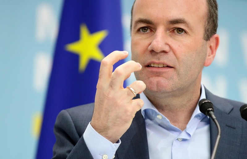 Manfred Weber, member of Germany's CSU Party and top candidate of the European Peoples Party EPP for the EU elections, delivers a speech during a campaigning event of the European Parliament elections in Vienna