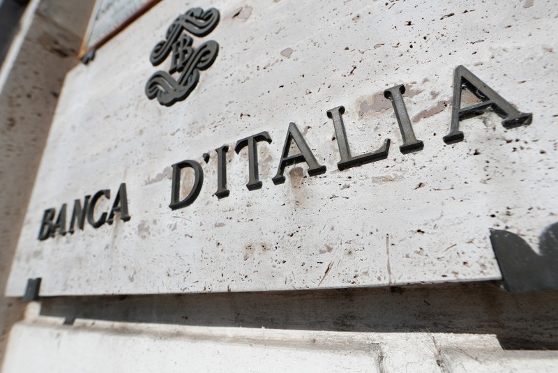 Banca D'Italia sign is seen in downtown Rome