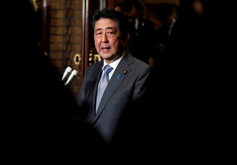 FILE PHOTO : Japan's Prime Minister Shinzo Abe speaks to media after phone talks with U.S. President Donald Trump after second North Korea-U.S. summit, in Tokyo