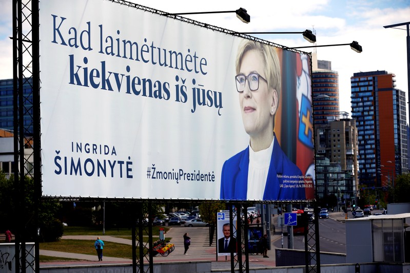 Lithuanian presidential candidate Ingrida Simonyte's campaign placard is seen in Vilnius