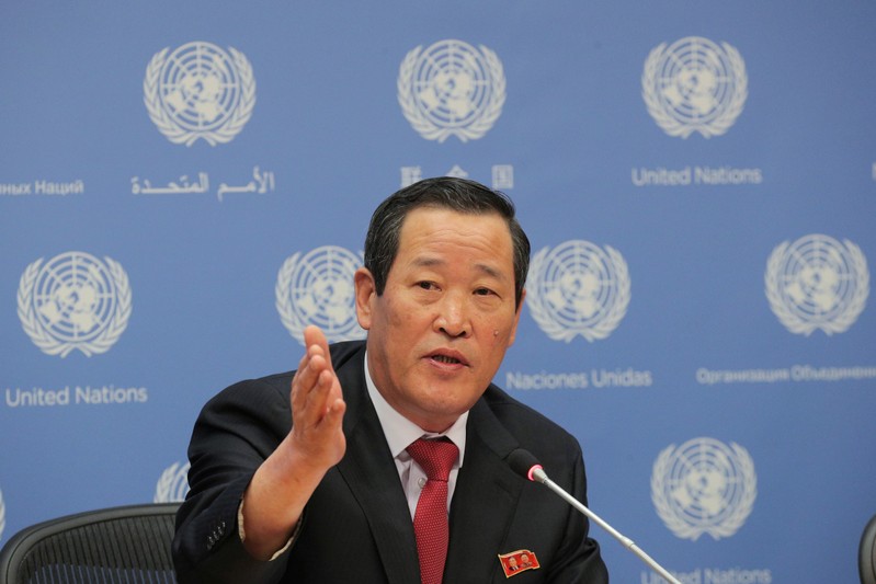 North Korea U.N. Ambassador Kim Song speaks during a news conference at U.N. headquarters in New York