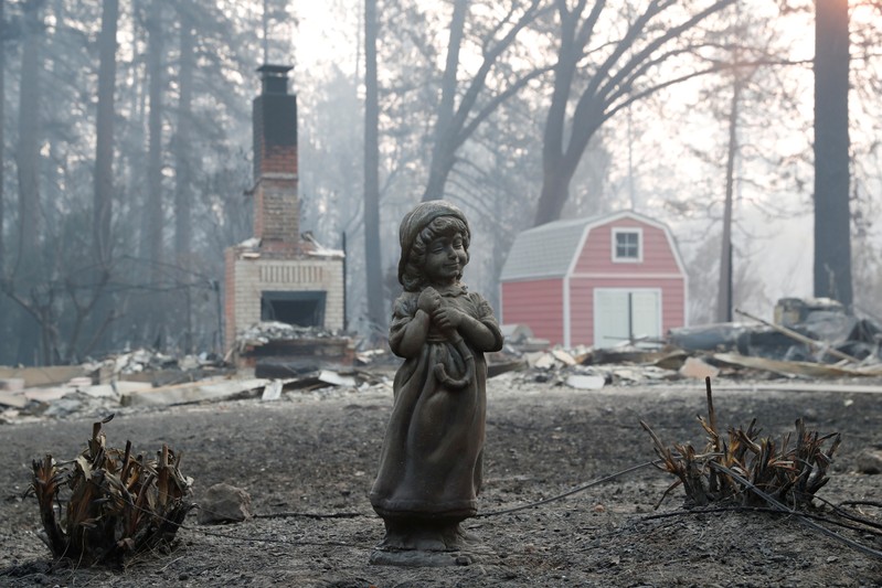 FILE PHOTO: A statue stands in front of a home destroyed by the Camp Fire in Paradise