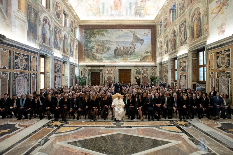 Pope Francis attends a meeting with the members of Italian Foreign Press Association at Clementine Hall at the Vatican