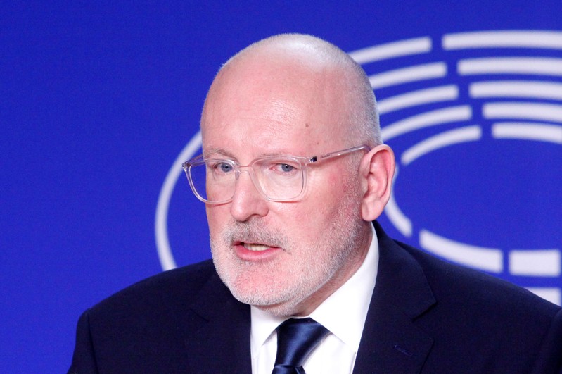 Frans Timmermans of the Party of European Socialists (PES) reacts during a press point after a debate which is broadcast live across Europe from the European Parliament in Brussels