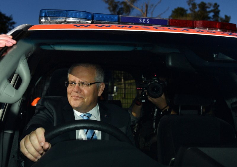 FILE PHOTO: Prime Minister Scott Morrison at a driver reviver announcement, 20 km south of Devonport in Tasmania