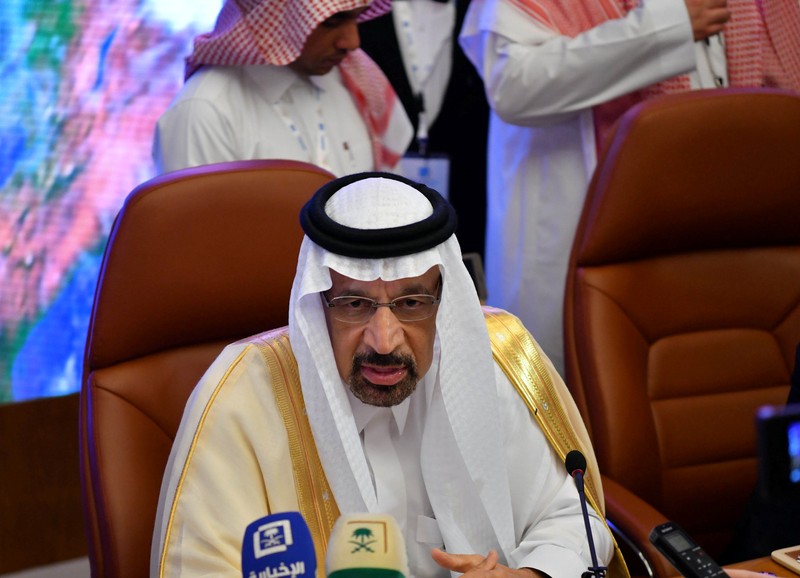 Saudi Arabian Energy Minister Khalid al-Falih speaks to the media before the OPEC 14th Meeting of the Joint Ministerial Monitoring Committee in Jeddah