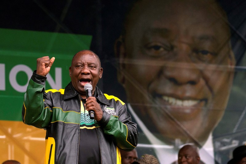 FILE PHOTO: South African President Cyril Ramaphosa speaks during an ANC election rally in Tongaat, near Durban