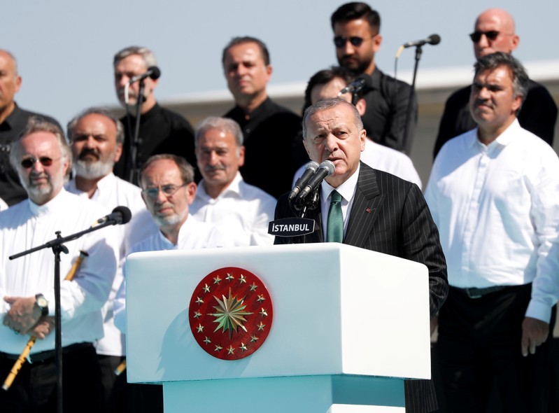 FILE PHOTO: Turkish President Erdogan makes a speech during the opening ceremony of Grand Camlica Mosque in Istanbul