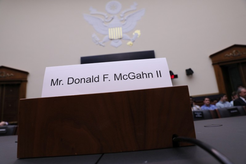 Nameplate of former White Hoouse counsel McGahn is seen at House Judiciary Committee oversight hearing on Special Counsel Mueller report on Capitol Hill in Washington