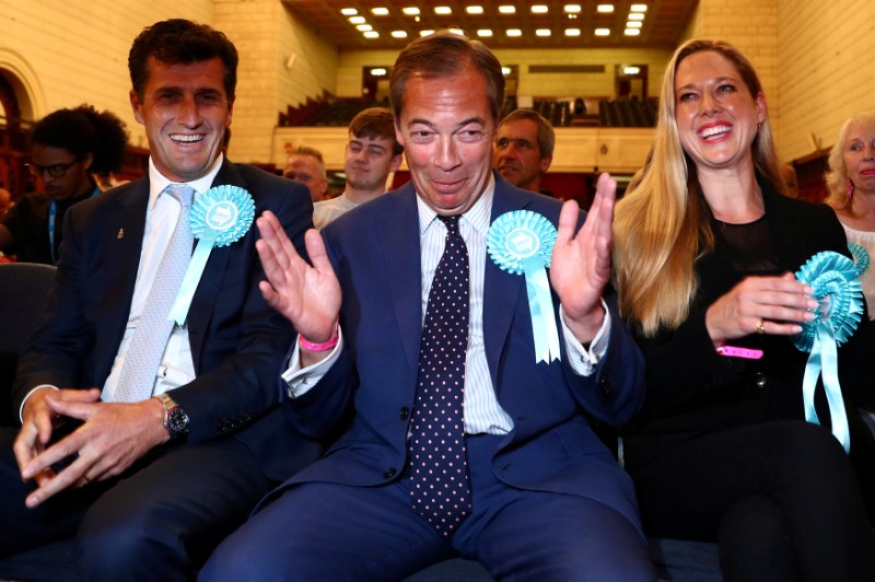Brexit Party leader Nigel Farage waits reacts to the results for the European Parliamentary election in Southampton