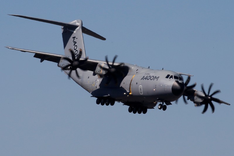 FILE PHOTO: An Airbus A400M aircraft flies during a display on the first day of the 52nd Paris Air Show at Le Bourget airport near Paris
