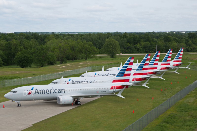 FILE PHOTO: Handout photo of American Airlines Boeing 737 MAX jets sit parked at a facility in Tulsa, Oklahoma