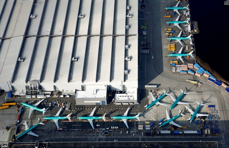 FILE PHOTO: An aerial photo shows Boeing 737 MAX airplanes parked on the tarmac at the Boeing Factory in Renton