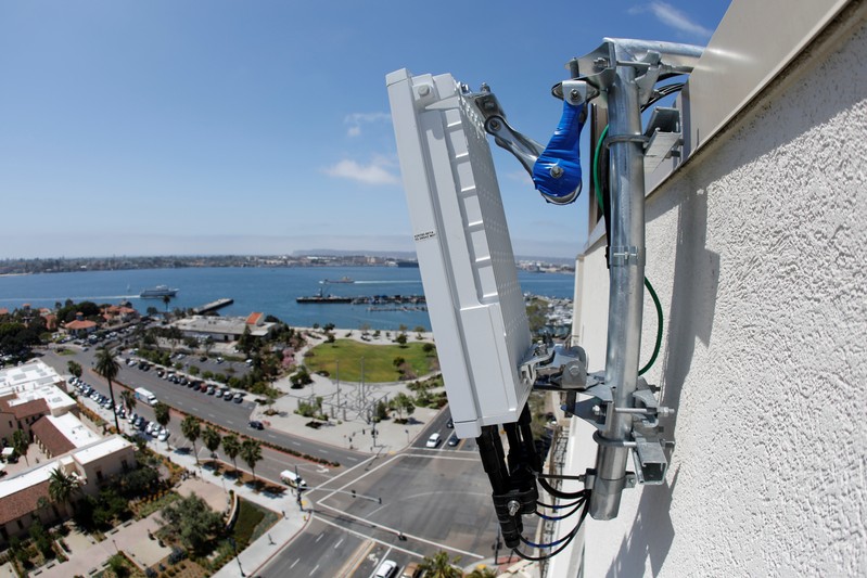 A newly installed 5G antenna system for AT&T's 5G wireless network is shown high atop a building in downtown San Diego