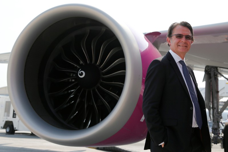 Gael Meheust, President and CEO of CFM poses in front of LEAP-1A engine of an Airbus A321neo, during the 52nd Paris Air Show at Le Bourget airport near Paris