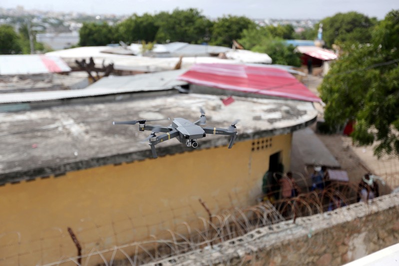 FILE PHOTO: A DJI Mavic Pro drone hovers during a drone training session for Somali police in Mogadishu