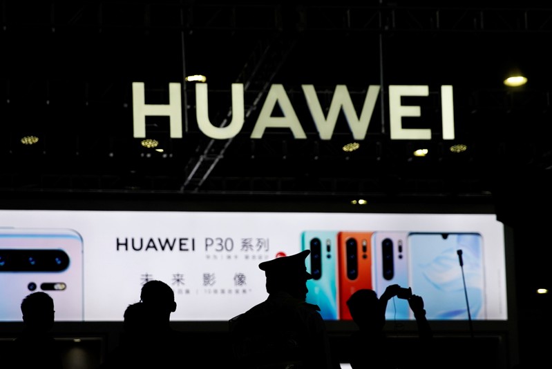 A Huawei company logo is seen at CES Asia 2019 in Shanghai