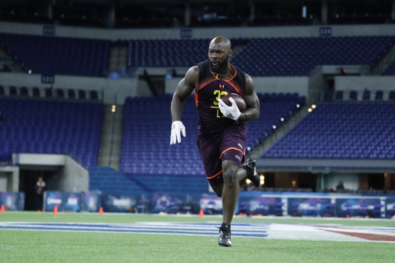 FILE PHOTO: Stanford linebacker Bobby Okereke (LB32) goes through workout drills during the 2019 NFL Combine at Lucas Oil Stadium