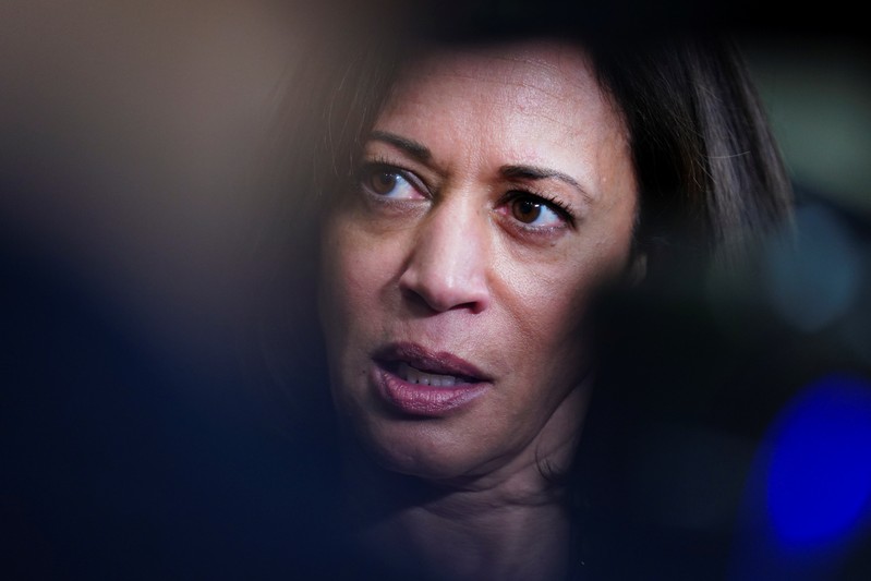 FILE PHOTO: Democratic presidential candidate and U.S. Senator Kamala Harris speaks to the press following a meet and greet for women voters in Birmingham