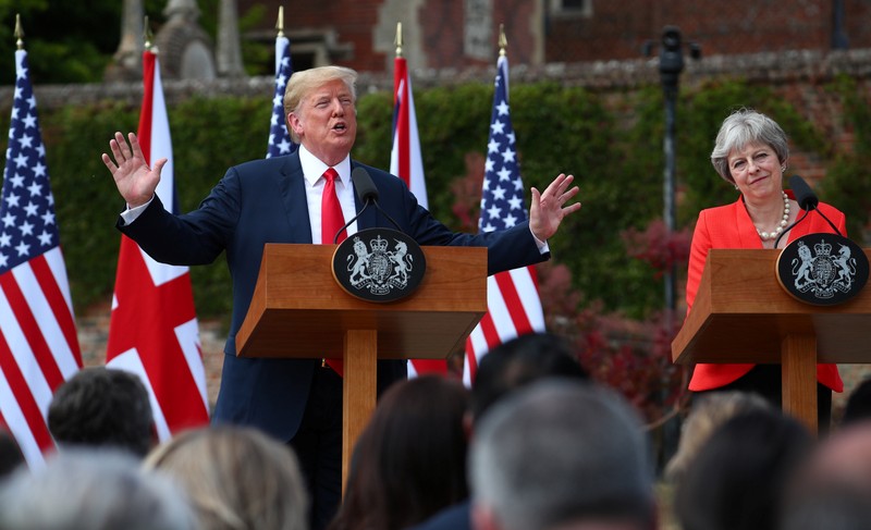 Britain's Prime Minister Theresa May and U.S. President Donald Trump hold a joint news conference at Chequers, the official country residence of the Prime Minister, near Aylesbury