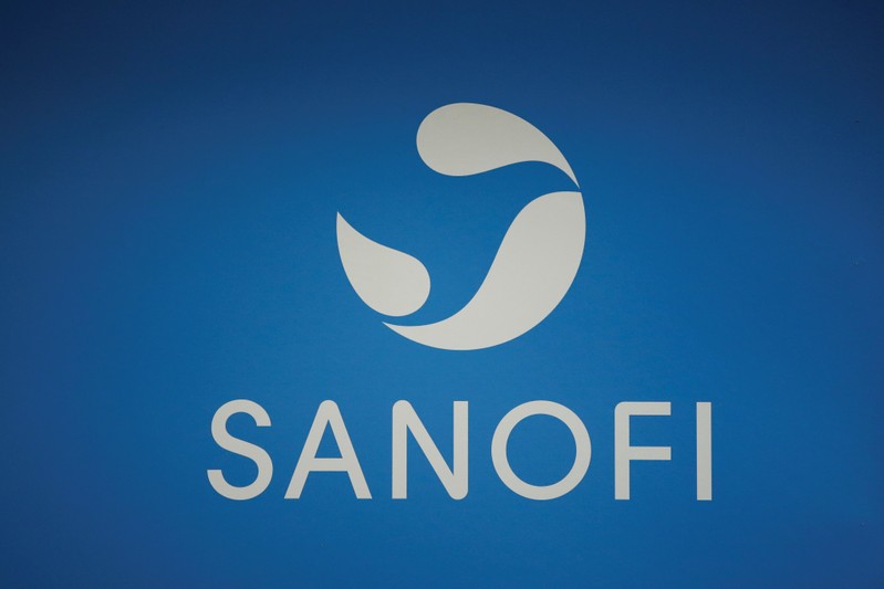 A logo of Sanofi is pictured during the company's shareholders meeting in Paris