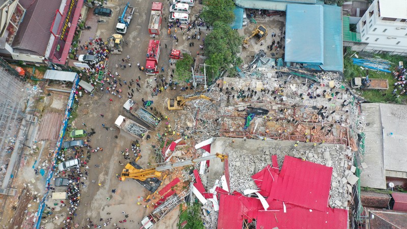 General view of a collapsed under-construction building in Sihanoukville