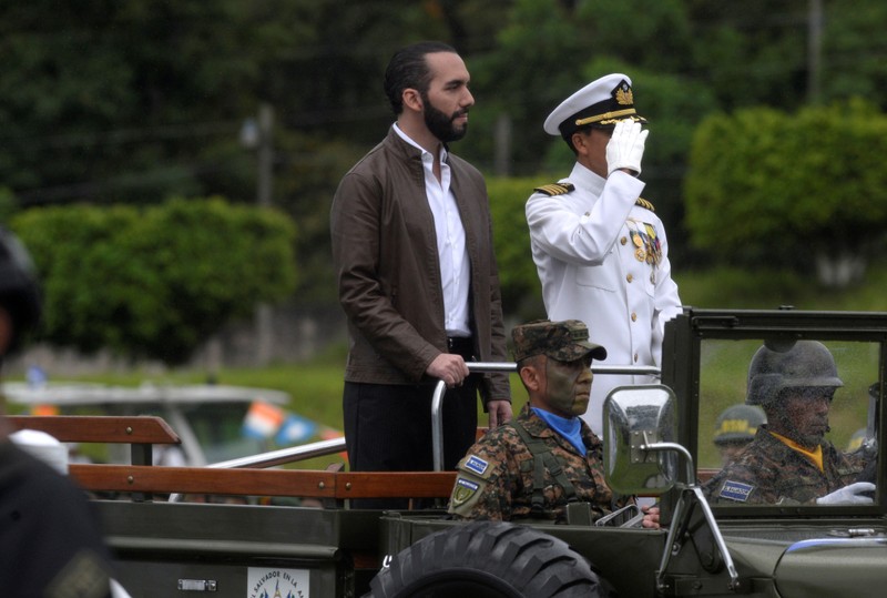 El Salvador's President Bukele arrives with Defence Minister Monroy for a military ceremony in San Salvador