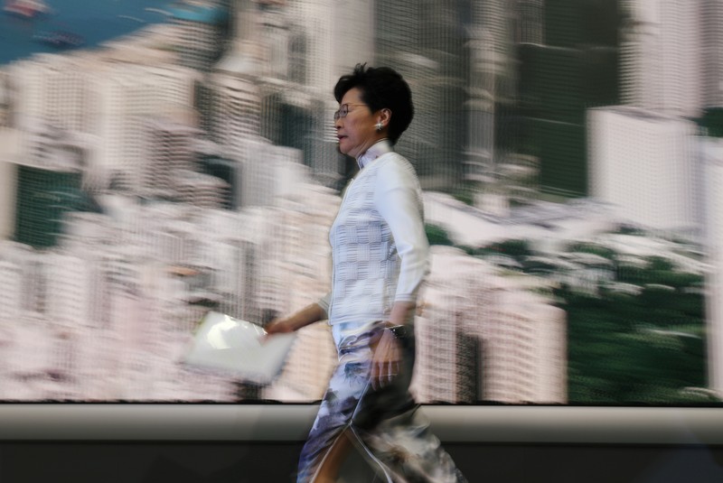 Hong Kong Chief Executive Carrie Lam arrives for a news conference in Hong Kong