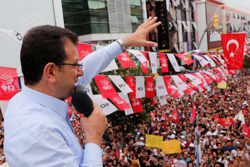 Main opposition CHP mayoral candidate Imamoglu addresses his supporters during an election rally in Istanbul