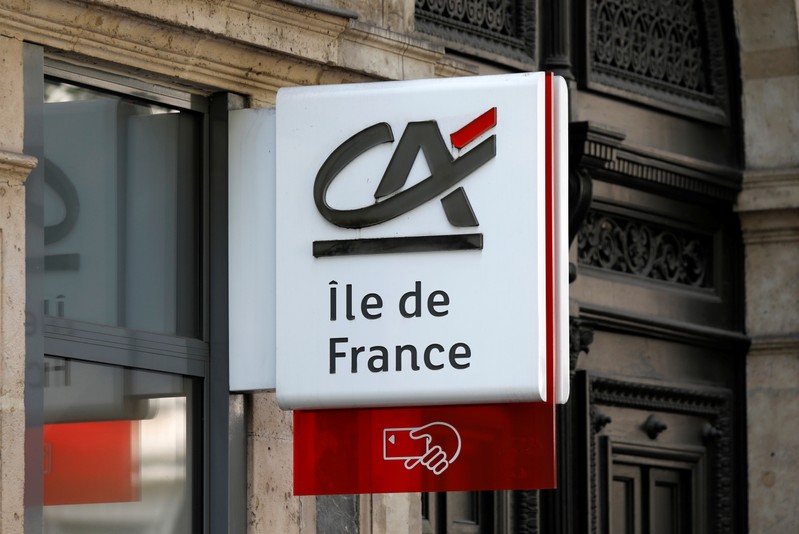 A logo is pictured on a Credit Agricole bank branch in Paris
