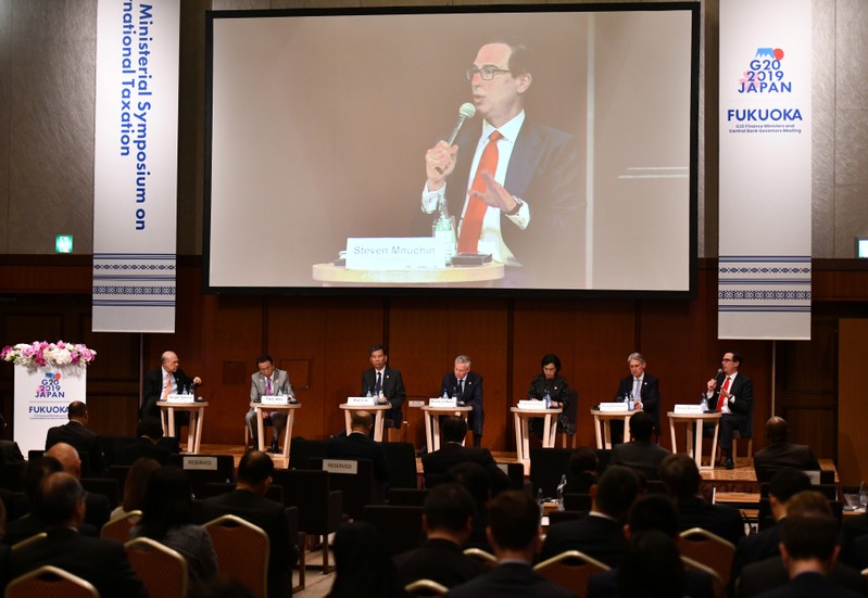 US Secretary of Treasury Steven Mnuchin delivers a speech during the G20 Ministerial Symposium on International Taxation in the G20 Finance Ministers and Central Bank Governors meeting in Fukuoka