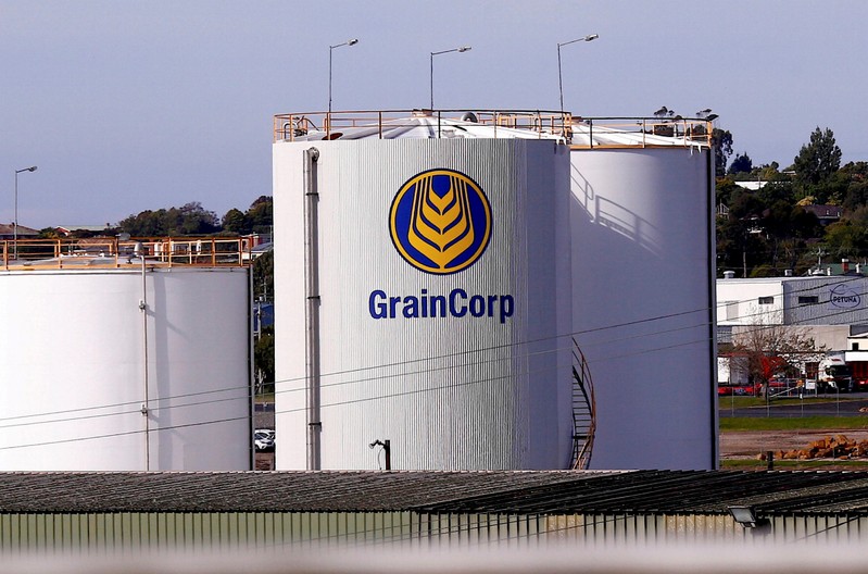 FILE PHOTO: A silo bearing the logo of GrainCorp Ltd is seen in the Tasmanian town of Devonport