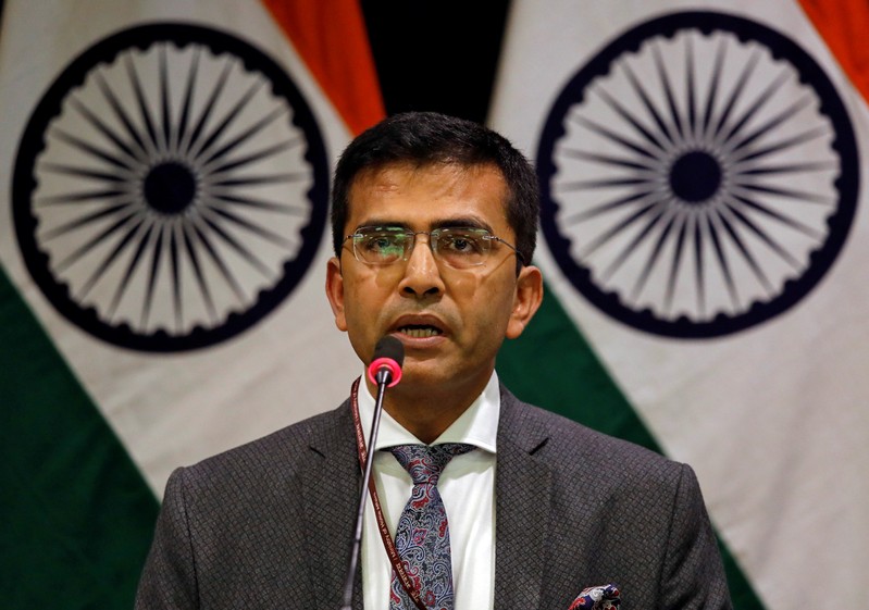 Kumar, spokesman for Indian Foreign Ministry, speaks during a media briefing in New Delhi