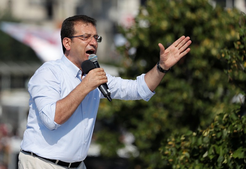 Ekrem Imamoglu, mayoral candidate of the main opposition CHP, addresses his supporters during an election rally in Istanbul