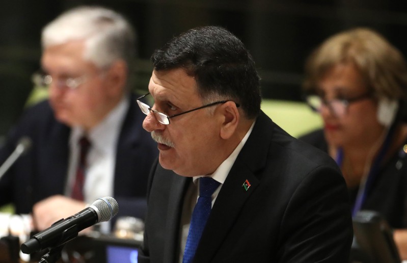 FILE PHOTO: Prime Minister Fayez Mustafa Al-Sarraj of Libya speaks during a high-level meeting on addressing large movements of refugees and migrants at the United Nations General Assembly in New York