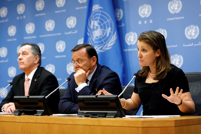 Canadian, Peruvian and Chilean Foreign Ministers hold a news conference at United Nations headquarters in New York